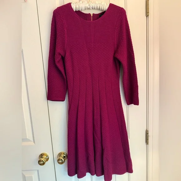 ribbed knit swing dress Casual Ribbed Knit Long Sleeve Swing Dress Burgundy / M